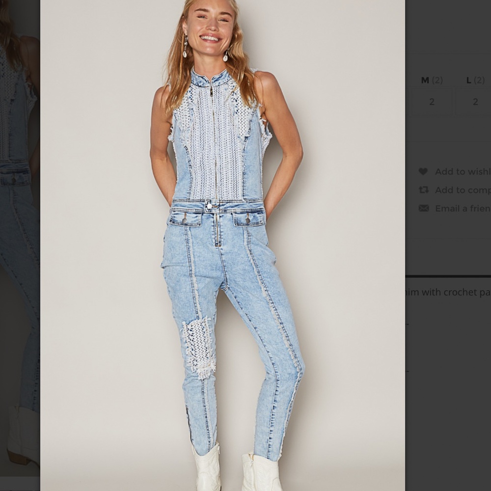 🌼 POL “ Gloria “ POL Jean One Piece Jumpsuit Utility Romper with Crochet 58 - Picture 2 of 6